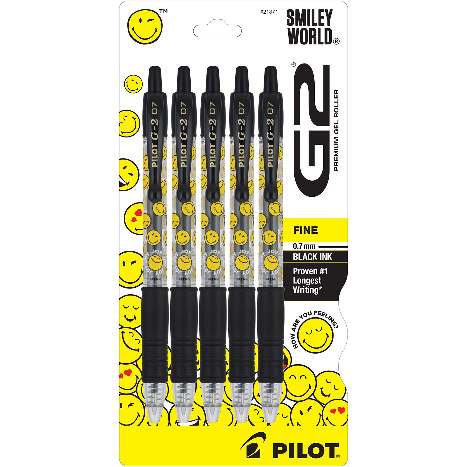 Pilot G2 SmileyWorld Retractable Gel Pen, Fine Point, 0.7mm, Black Ink, 5 Pens/Pack (G2HC5BLKF)