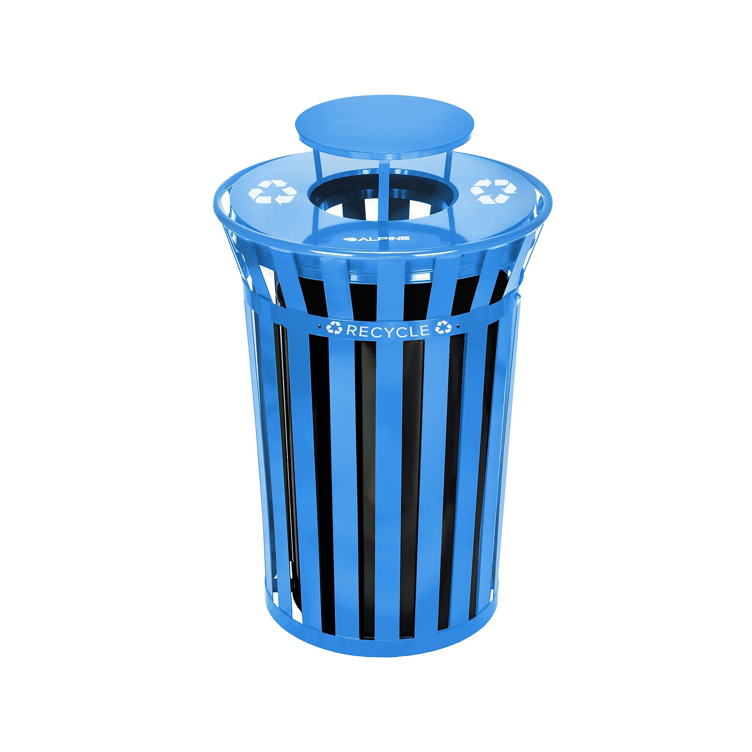Alpine Industries Metal Commercial Outdoor Recycling Receptacle with Rain Bonnet Lid, 38 Gallon, Black/Blue (479-38-1-BLU)