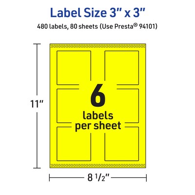 Avery Laser/Inkjet Multipurpose Square Labels, 3" x 3", Neon Yellow, 480/Box (94101)