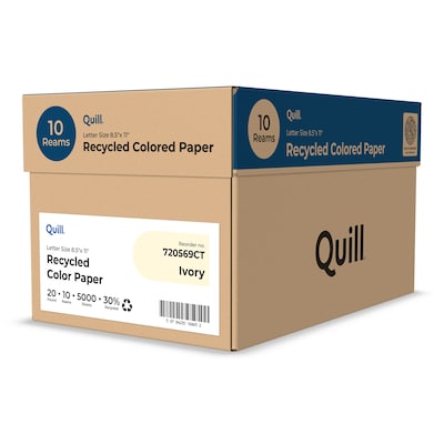 Quill Brand® 30% Recycled Colored Multipurpose Paper, 20 lbs., 8.5" x 11", Ivory, 500 Sheets/Ream, 10 Reams/Carton (720569CT)