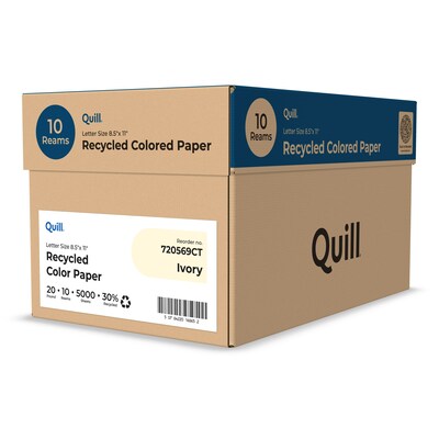 Quill Brand® 30% Recycled Colored Multipurpose Paper, 20 lbs., 8.5" x 11", Ivory, 500 Sheets/Ream, 10 Reams/Carton (720569CT)