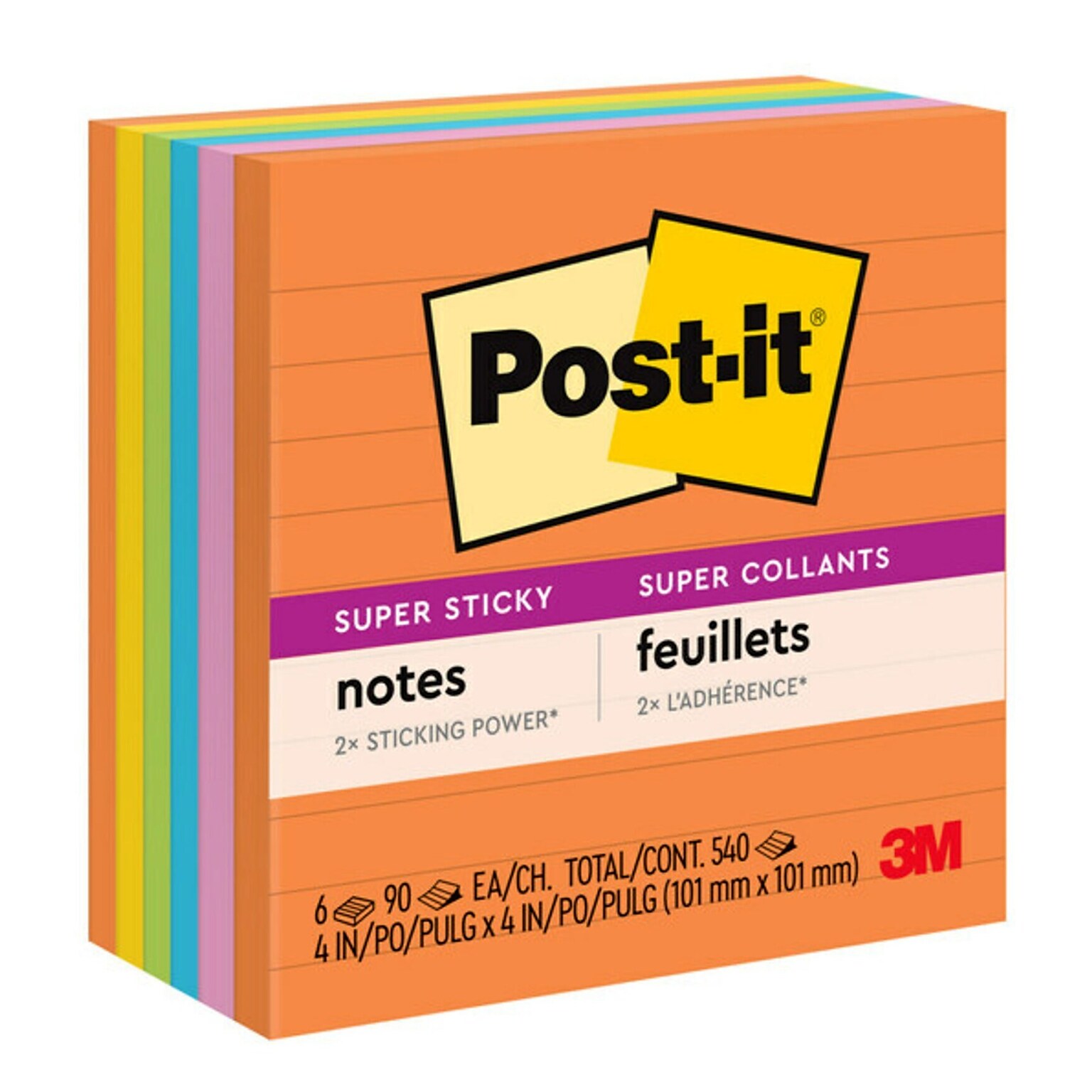 Post-it Super Sticky Notes, 4 x 4, Energy Boost Collection, Lined, 90 Sheets/Pad, 6 Pads/Pack (675-6SSUC)