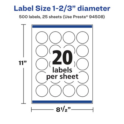 Avery Laser/Inkjet Circle Multipurpose Labels, 1.6667"  Dia, Glossy White, 500/Pack (94508)