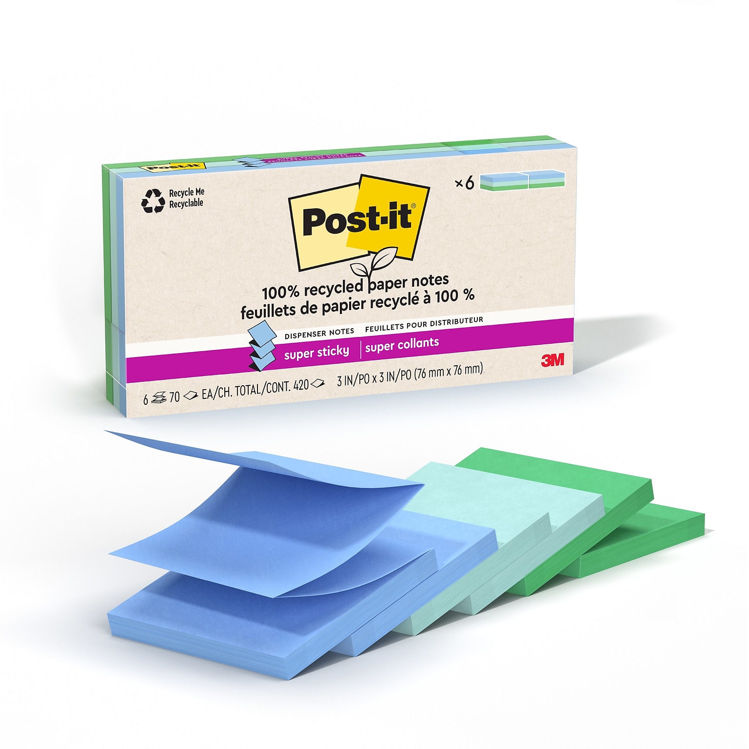 Post-it Oasis Recycled Pop-up Super Sticky Notes, 3 x 3, Oasis Collection, 70 Sheets/Pad, 6 Pads/Pack (R330R-6SST)