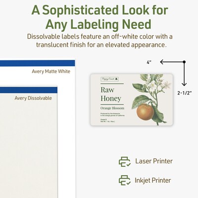 Avery Dissolvable Rectangle Multipurpose Labels, 2.5" x 4", Off-white, 15/Pack (94245)