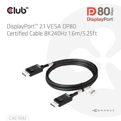 Club 3D 5.25' DisplayPort to DisplayPort Audio/Video Cable, Male to Male, Black (CAC-1092)