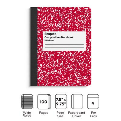 Staples® Composition Notebooks, 7.5 x 9.75, Wide Ruled, 100 Sheets, Assorted Colors, 4/Pack (ST583