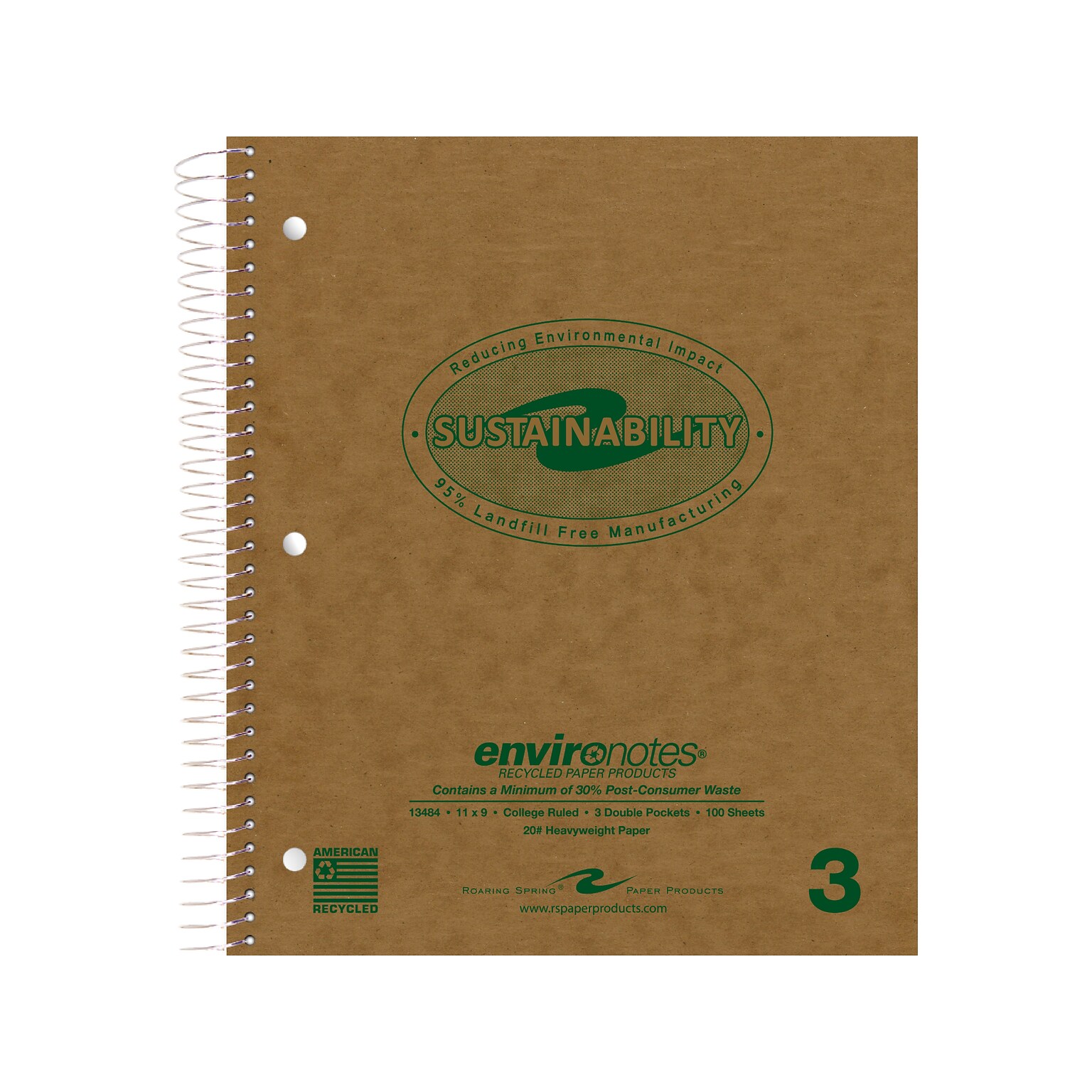 Roaring Spring Paper Products Environotes 3-Subject Notebooks, 9 x 11, College Ruled, 100 Sheets, Brown, 24/Pack (13484CS)