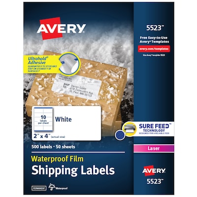 Avery Waterproof Laser Shipping Labels, 2 x 4, Matte White, 500 Labels/Box (5523)