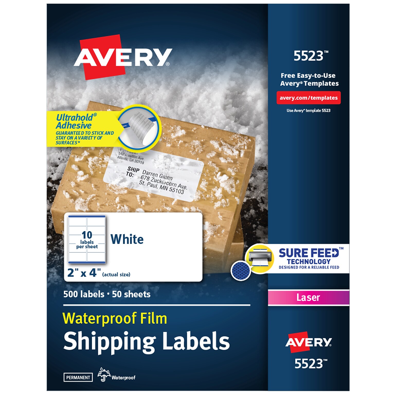 Avery Waterproof Laser Shipping Labels, 2 x 4, Matte White, 500 Labels/Box (5523)