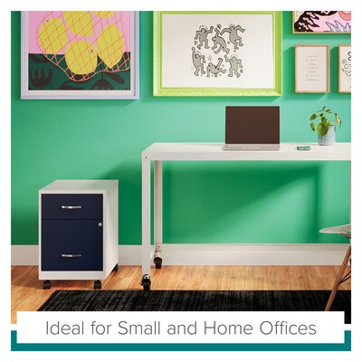 Space Solutions 18" 2-Drawer Mobile Verticle File Cabinet with Accessory Drawer, Letter Width, Pearl White/Navy (25940)