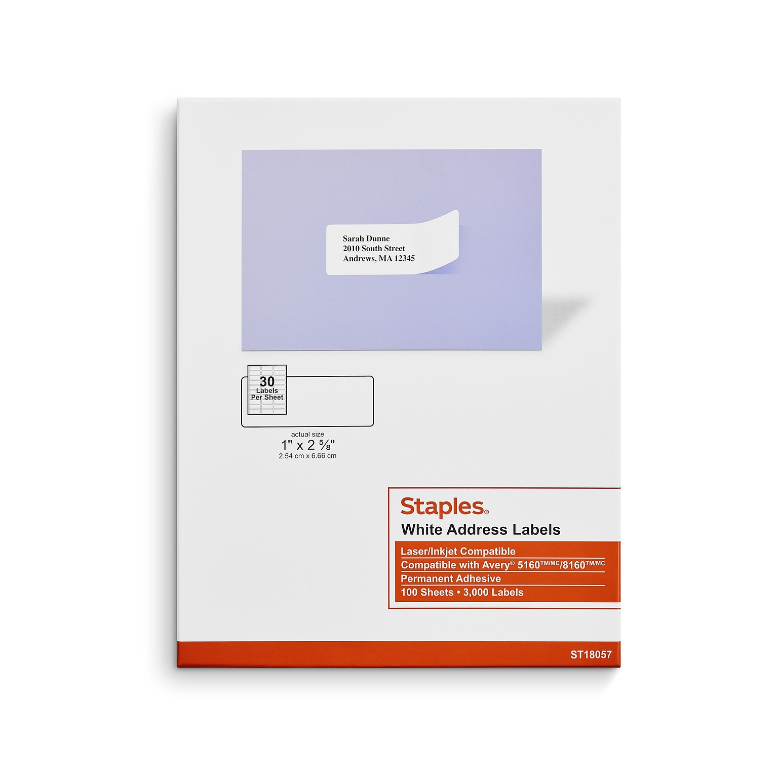 Staples® Laser/Inkjet Address Labels, 1 x 2 5/8, White, 30 Labels/Sheet, 100 Sheets/Pack, 3000 Labels/Box (ST18057-CC)