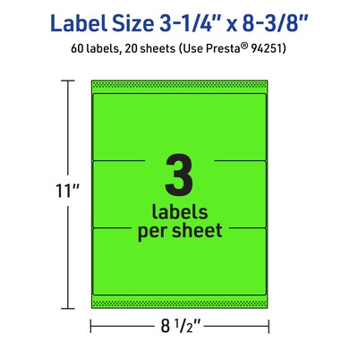 Avery Laser/Inkjet Multipurpose Rectangle Labels, 3-1/4" x 8-3/8", Neon Green, 60/Pack (94251)
