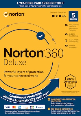 Norton 360 Deluxe for 5 Devices, Windows/Mac/Android/iOS, Product Key Card  (21392062)