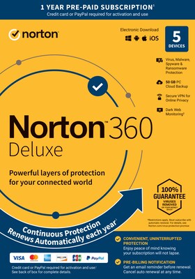 Norton 360 Deluxe for 5 Devices, Windows/Mac/Android/iOS, Product Key Card  (21392062)