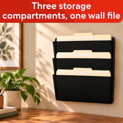 TRU RED Unbreakable 3-Pocket Plastic Letter Wall File, Black, Durable Wall-Mounted Organizer for Mail, Documents & Daily Filing