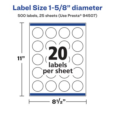 Avery Laser/Inkjet Multipurpose Circle Labels, 1.625" Dia, Glossy Clear, 500/Pack (94507)