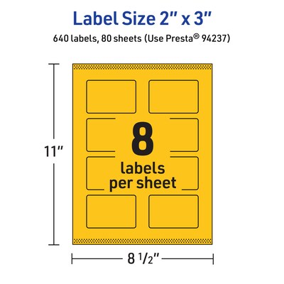 Avery Laser/Inkjet Rectangle Multipurpose Labels, 2" x 3", Bright Yellow, 640/Box (94237)