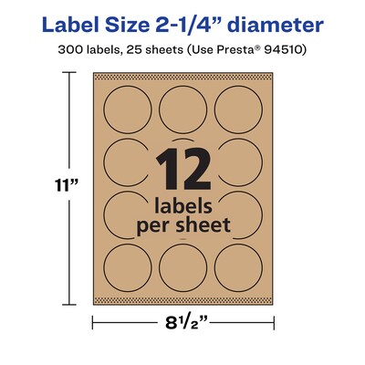 Avery Laser/Inkjet Multipurpose Circle Labels, 2.25" Dia, Kraft Brown, 300/Pack (94510)