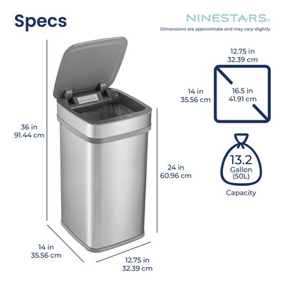 Nine Stars Nova² Stainless Steel UV Odor Neutralizing Sensor Trash Can, 13.2 Gallon, Silver (ONT-50-82SL)