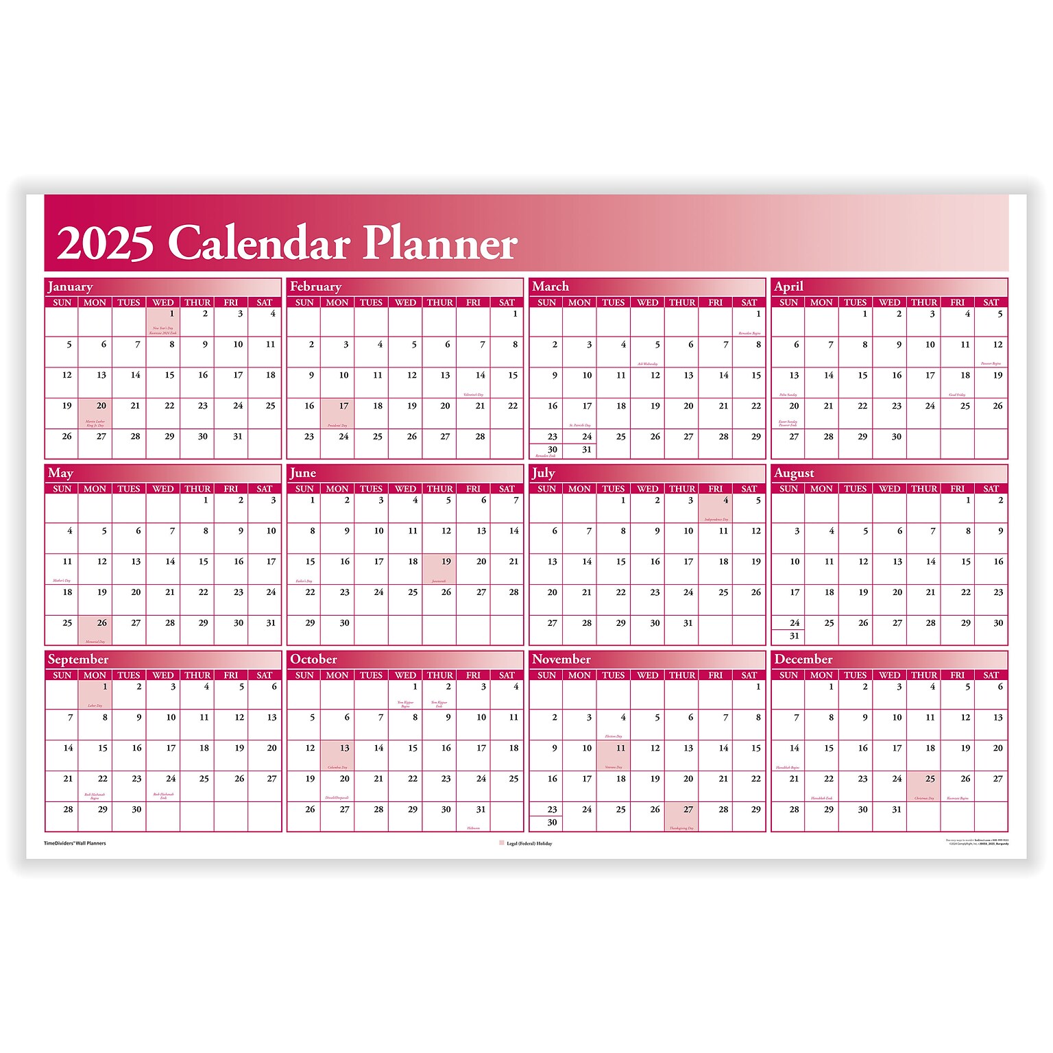 2025 ComplyRight Full Calendar Planner 36 x 24 Yearly Dry Erase Wall Calendar, Burgundy (J0056BU)