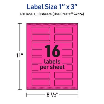 Avery Laser/Inkjet Rectangle Multipurpose Labels, 1" x 3", Neon Magenta, 160/Pack (94224)