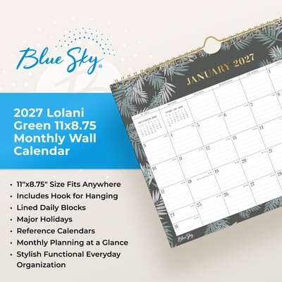 2027 Blue Sky 8.75" x 11" Monthly Wall Calendar, Green/White (164011)