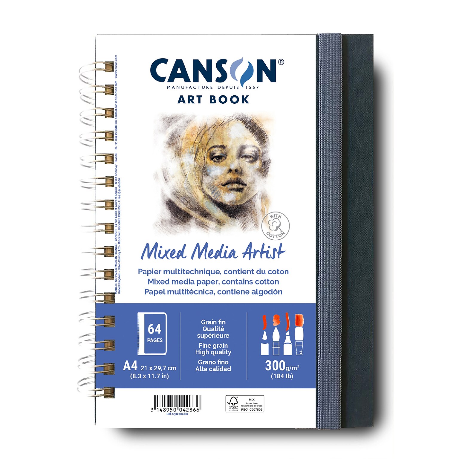 Canson Artist Series 8.3 x 11.7 Spiral Bound Mixed Media Sketch Book, 56 Sheets/Book (MCX31200L007)