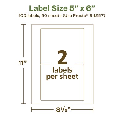 Avery EcoFriendly Laser/Inkjet Rectangle Multipurpose Labels, 5" x 6", White, 100/Box (94257)