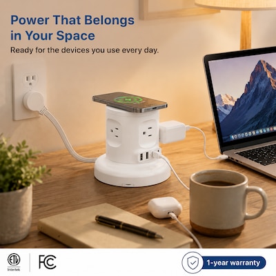 Uncaged Ergonomics USB-C Wireless 6 ft. Retractable Power Strip with 15W Wireless Charger, 4-Outlet, White (WRPS-2-White)