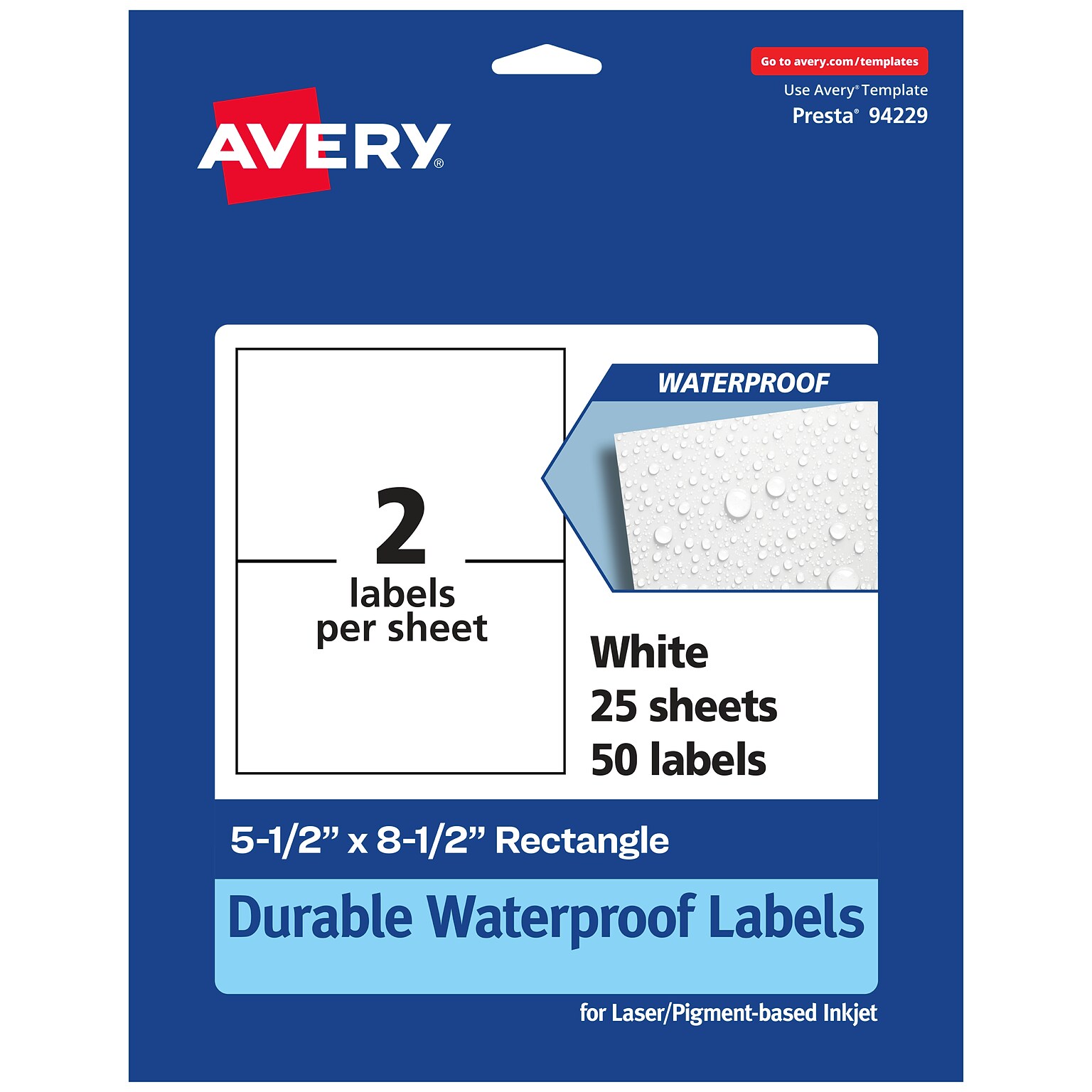 Avery Laser/Inkjet Rectangle Waterproof Multipurpose Labels, 8.5  x 5.5, White, 50/Pack (94229)