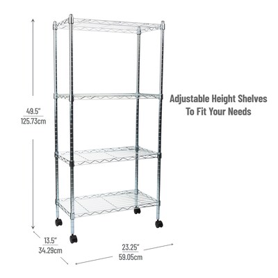 Mind Reader Metal 4-Tier Storage Shelves Garage Shelving Organization with Wheels, Silver (MET4TWHEEL-SIL)