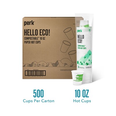 Perk™ Eco Compostable Paper Hot Cup, 10 Oz., White/Green, 500/Carton (PK56223CT)