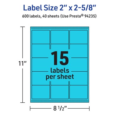 Avery Printable Rectangle Multipurpose Labels, 2" x 2-5/8", Bright Blue, 600/Pack (94235)