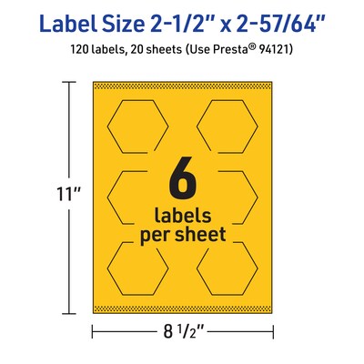 Avery Laser/Inkjet Hexagon Multipurpose Labels, 2-1/2" x 2-57/64", Bright Yellow, 120/Pack (94121)