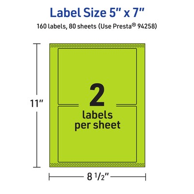 Avery Laser/Inkjet Multipurpose Rectangle Labels, 5" x 7", Bright Green, 160/Box (94258)