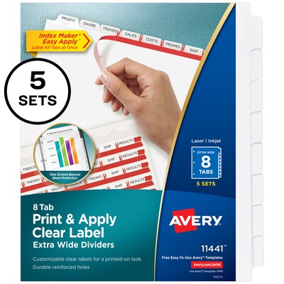 Avery Index Maker Extra-Wide Paper Dividers with Print & Apply Label Sheets, 8 Tabs, White, 5 Sets/Pack (AVE11441)