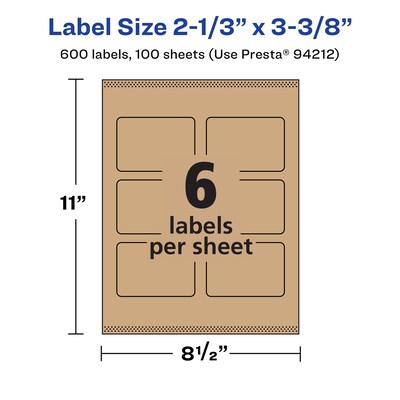 Avery Laser/Inkjet Rectangle Multipurpose Labels, 2-1/3" x 3-3/8", Kraft Brown, 600 Labels/Box ( 94212)