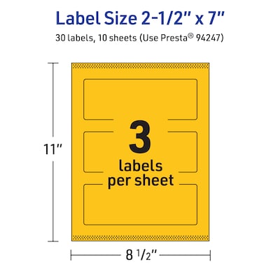 Avery Rectangle Laser/Inkjet Multipurpose Labels, 2.5" x 7", Bright Yellow (30/Pack)