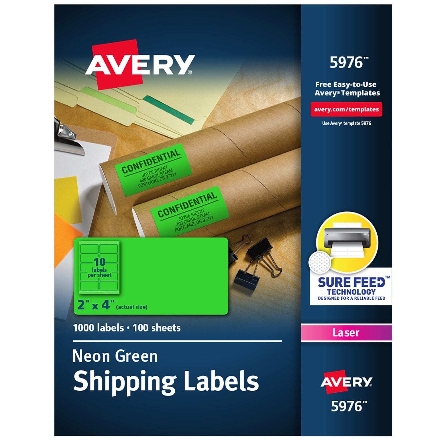 Avery Sure Feed Laser Shipping Labels, 2x 4, Neon Green, 10 Labels/Sheet, 100 Sheets/Box (5976)