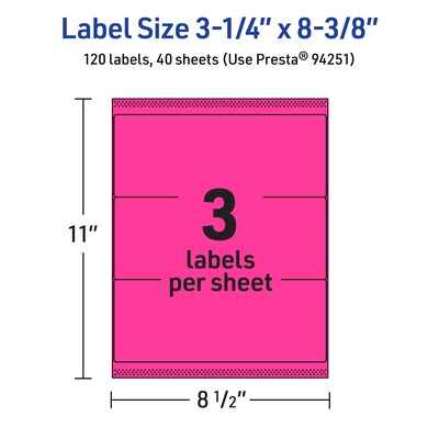 Avery Rectangle Laser/Inkjet Multipurpose Labels, 3-1/4" x 8-3/8", Neon Magenta (120/Box)