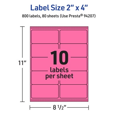 Avery Laser/Inkjet Rectangle Multipurpose Labels, 2" x 4", Bright Pink, 800/Box (94207)
