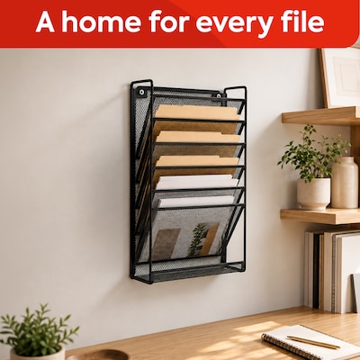 TRU RED Mesh Letter Wall File, 5-Pocket Hanging File Organizer, Black – Vertical Wall-Mounted Mail & Document Holder