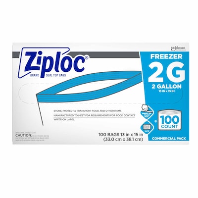 Ziploc Double Zipper Freezer Storage Bags, 2 Gallon, 100 Bags/Carton (682254)