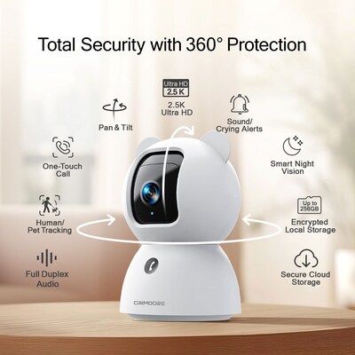 CiNMOORE Total Wireless 360 Degree Security Camera, White (C2LU)