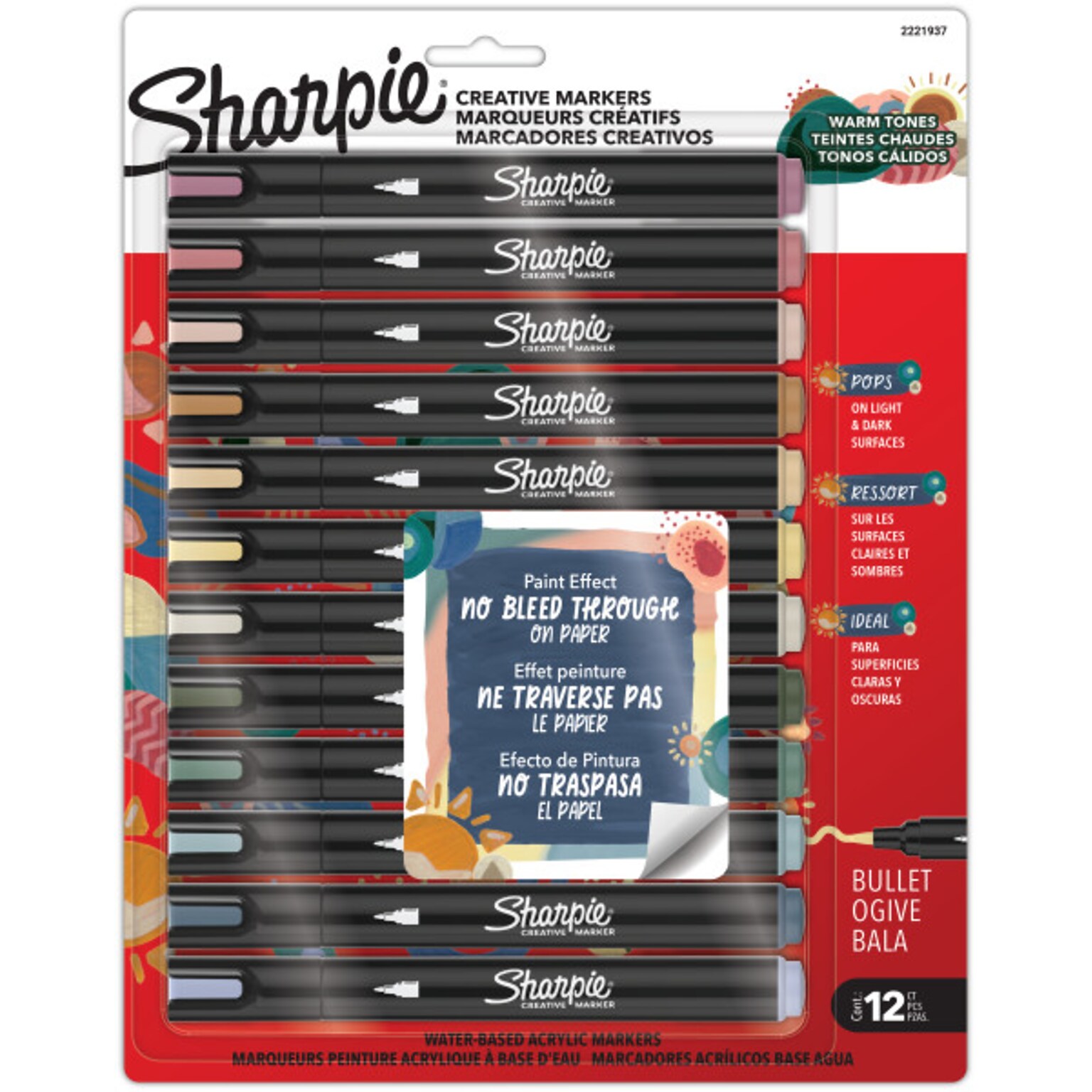 Sharpie Warm Tones Liquid Ink Markers, Bullet Tip, Assorted Colors, 12/Pack (2221924?)