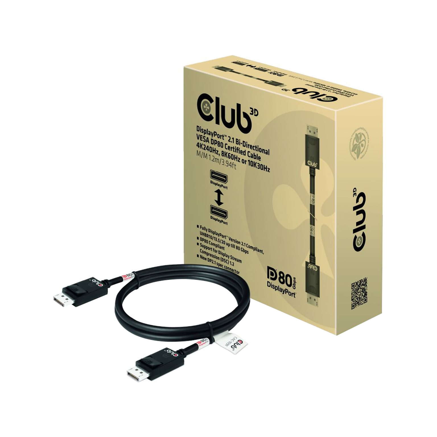 Club 3D 3.94 DisplayPort 2.1 to DisplayPort 2.1 Cable, Male to Male, Black (CAC-1091)