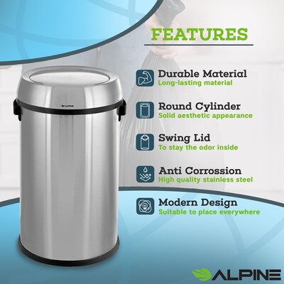 Alpine Industries Stainless Steel Trash Can with Swing Lid, 17 Gallon (ALP470-65L-1)