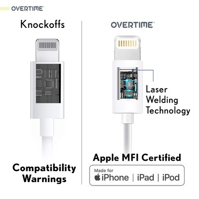 Overtime Apple MFi Certified Lighting USB 4 ft. Cable for iPhone/iPad/iPod Touch, White, 3/Pack (CE14541A)
