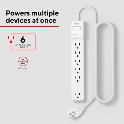 Staples TECH 6-Outlet Surge Protector, 6, 1800 Joules, White (ST62780)